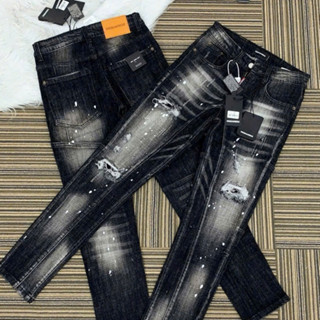 quần bò jean nam dài đen rách gối vẩy sơn cá tính, chất jean mịn bền màu form bó nhẹ tôn dáng cá tính