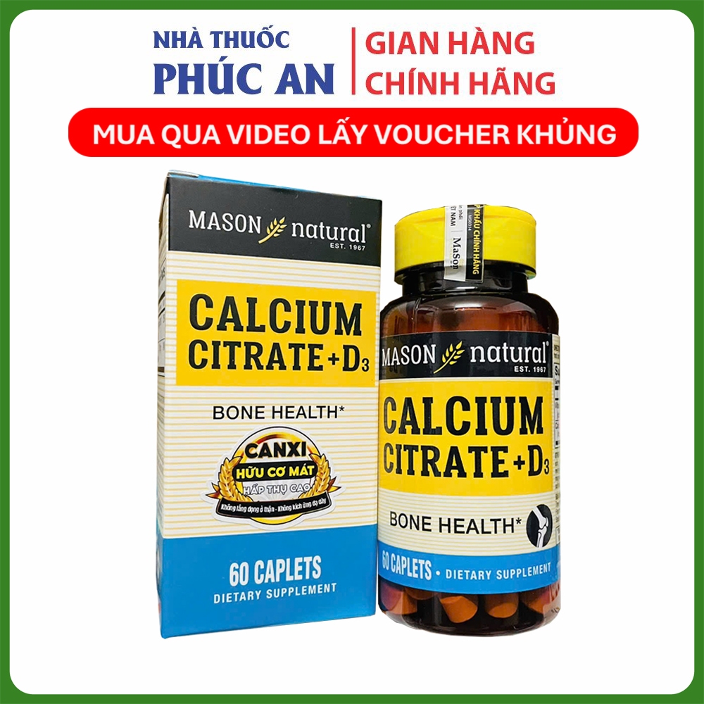 TPBVSK bổ sung Canxi hữu cơ + Vitamin D3 Mason Natural Calcium Citrate + D3 Mỹ 60 viên