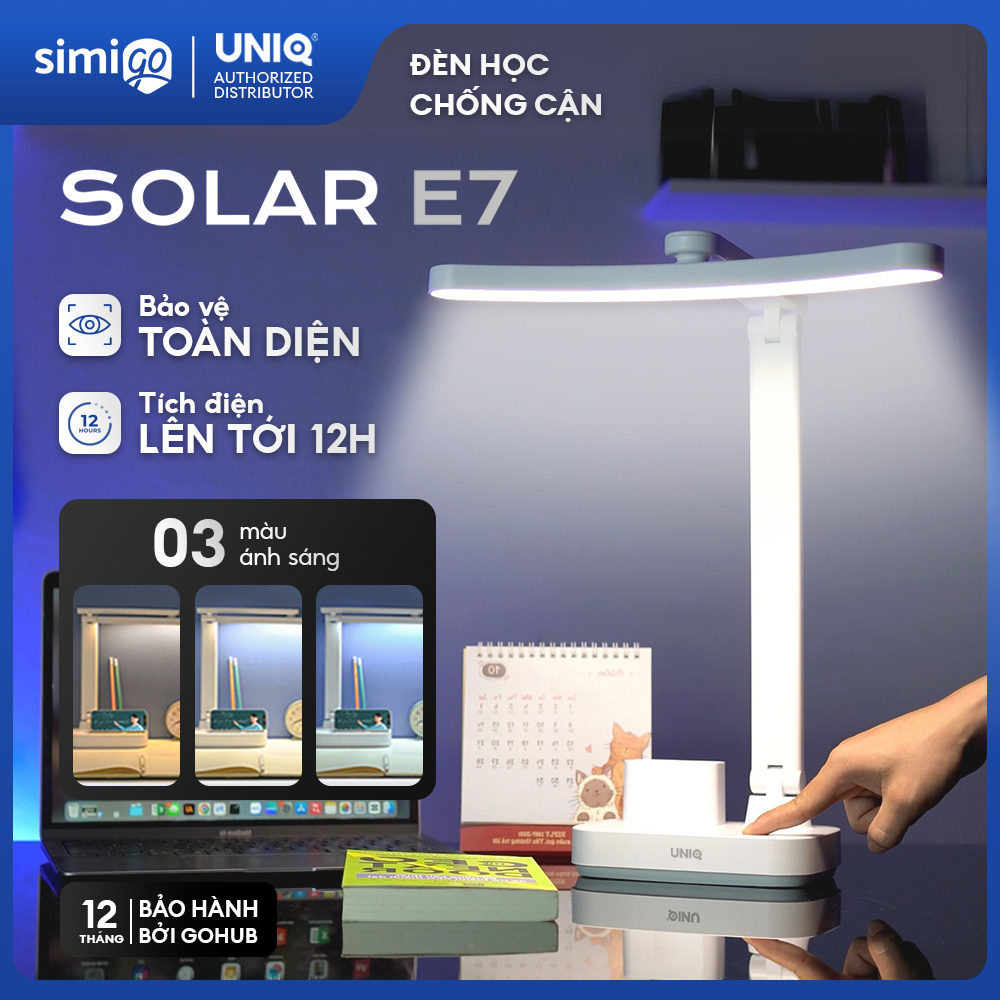 Đèn học để bàn chống cận thị UNIQ Solar E7 đèn học tích điện bàn làm việc đọc sách LED bảo vệ mắt cho bé sạc pin