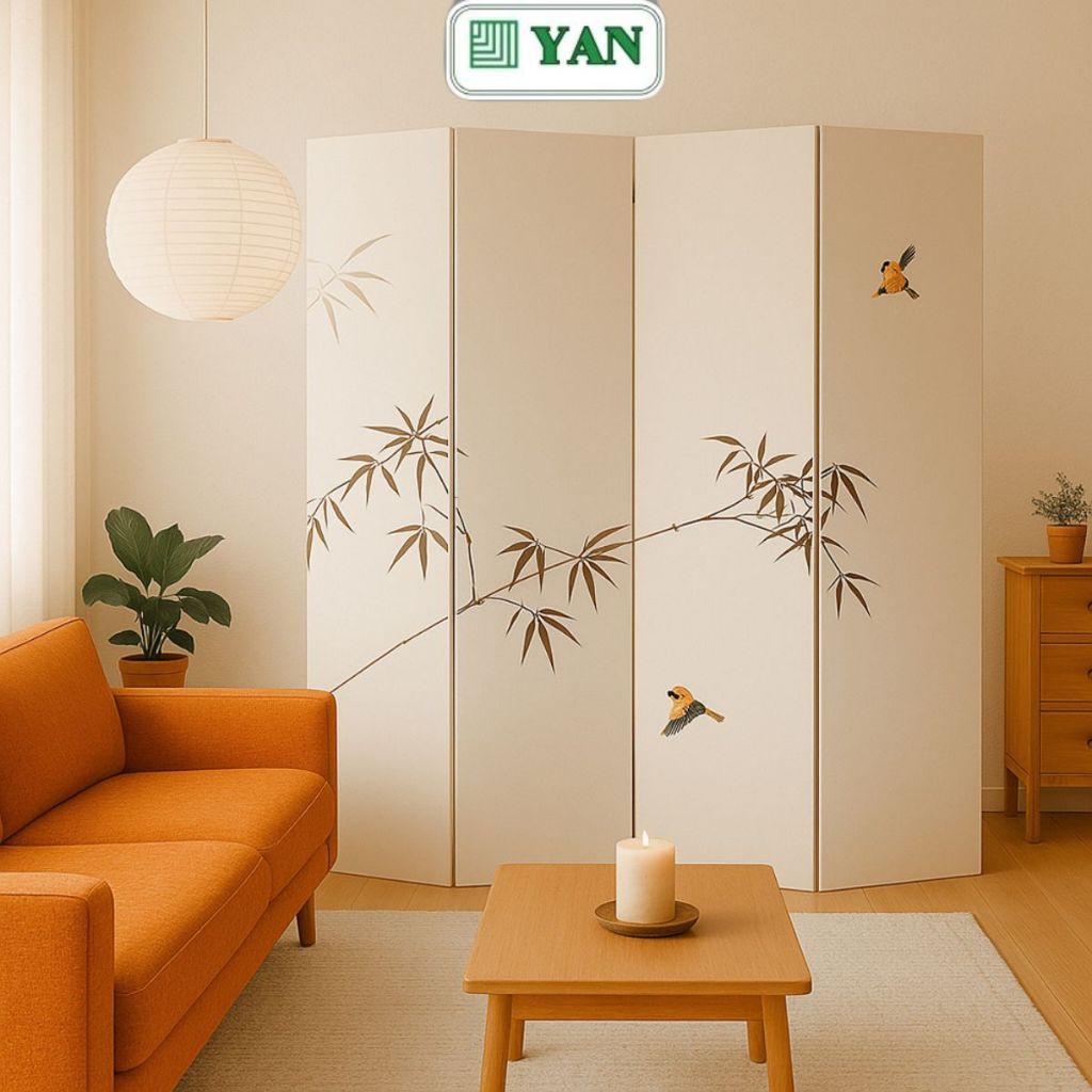 Vách ngăn bình phong phong thuỷ khung gỗ tự nhiên in trên nền vải canvas - GP392 KHÔNG KÈM CHÂN