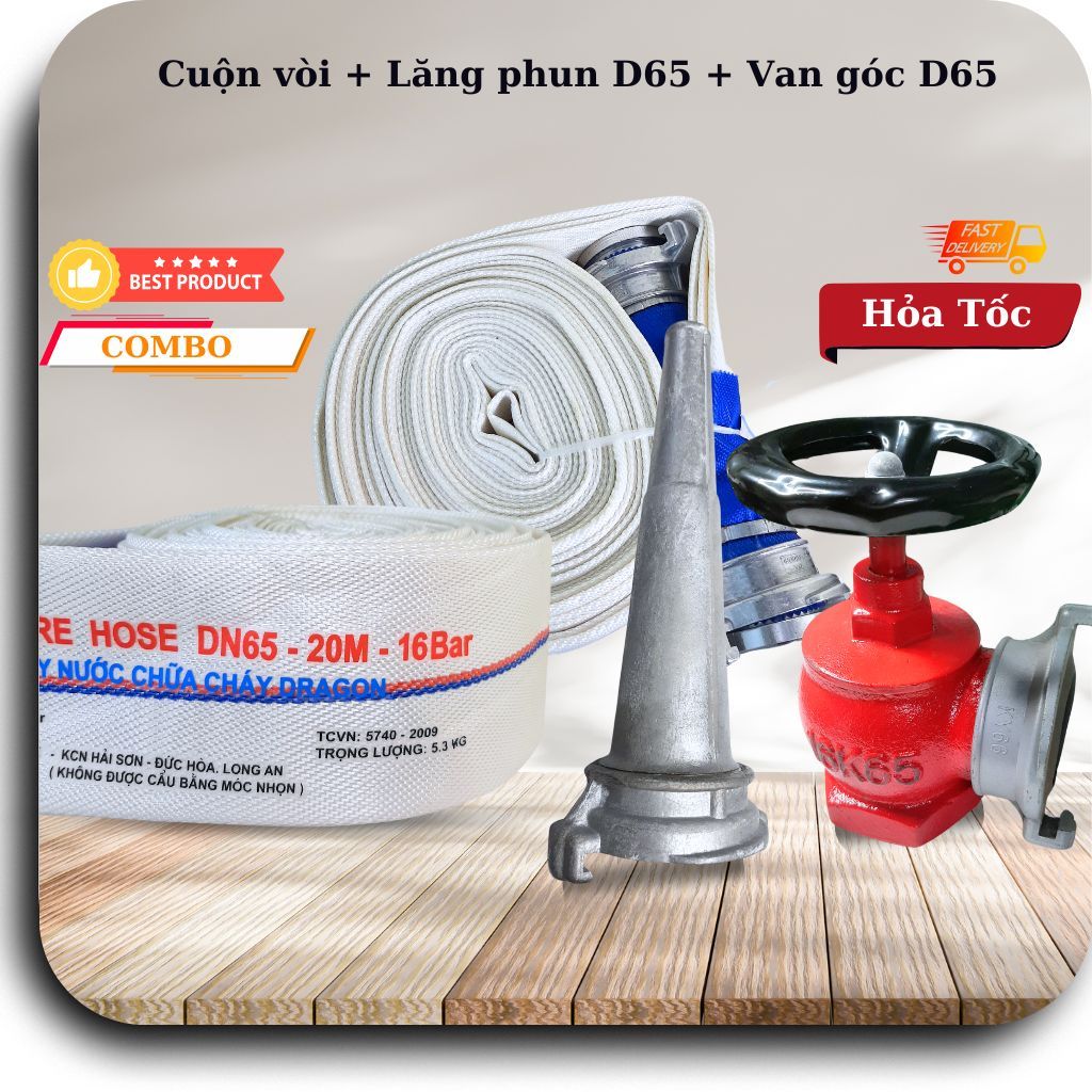 Combo Cuộn vòi chữa cháy D65 20m 16bar + Van góc cứu hỏa D65 + lăng phun chữa cháy D65, hàng chất lư