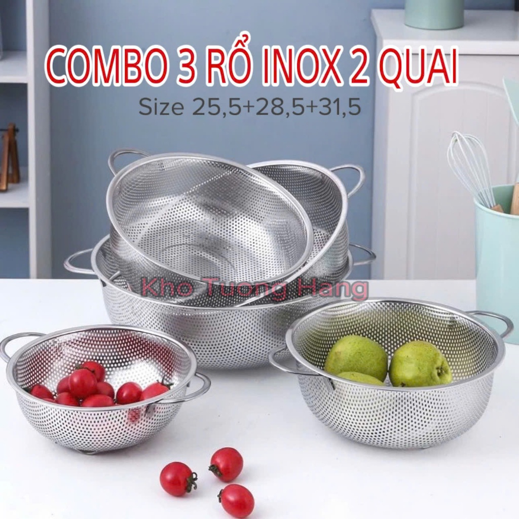 Rổ inox 304 đa năng lỗ lưới nhỏ dày - Rổ tròn inox 304 có 3 chân cao ráo nước - Rá inox có quai treo tiện lợi