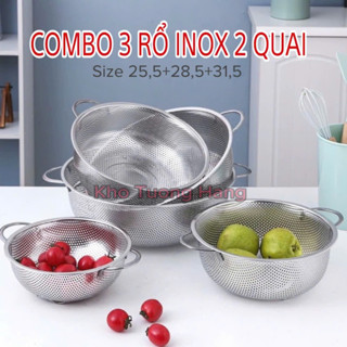 Rổ inox 304 đa năng lỗ lưới nhỏ dày - Rổ tròn inox 304 có 3 chân cao ráo nước - Rá inox có quai treo tiện lợi