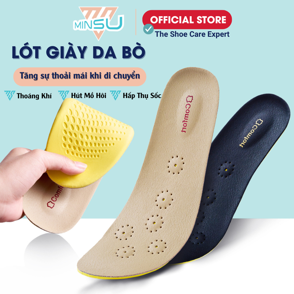 Lót Giày Da Bò Thật 100% + Cao Su Tự Nhiên MINSU M4015 Nam Nữ Thoáng Khí, Hấp Thụ Sôc, Thấm Hút Mồ Hôi Chống Hôi Chân