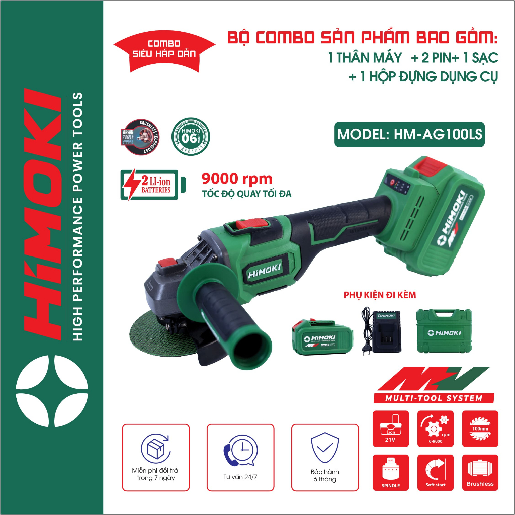 Máy mài pin Himoki HM-AG100LS Không chổi than - Máy cắt cầm tay chạy pin motor ruột đồng 100%, Bách 