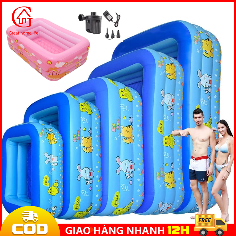 【🔥COD/12H】Bể Bơi Vuông Happy Nhiều Kích Thước 2 tầng - 3 Tầng, Đáy Chống Trượt - Đáy Phẳng Cho Bé