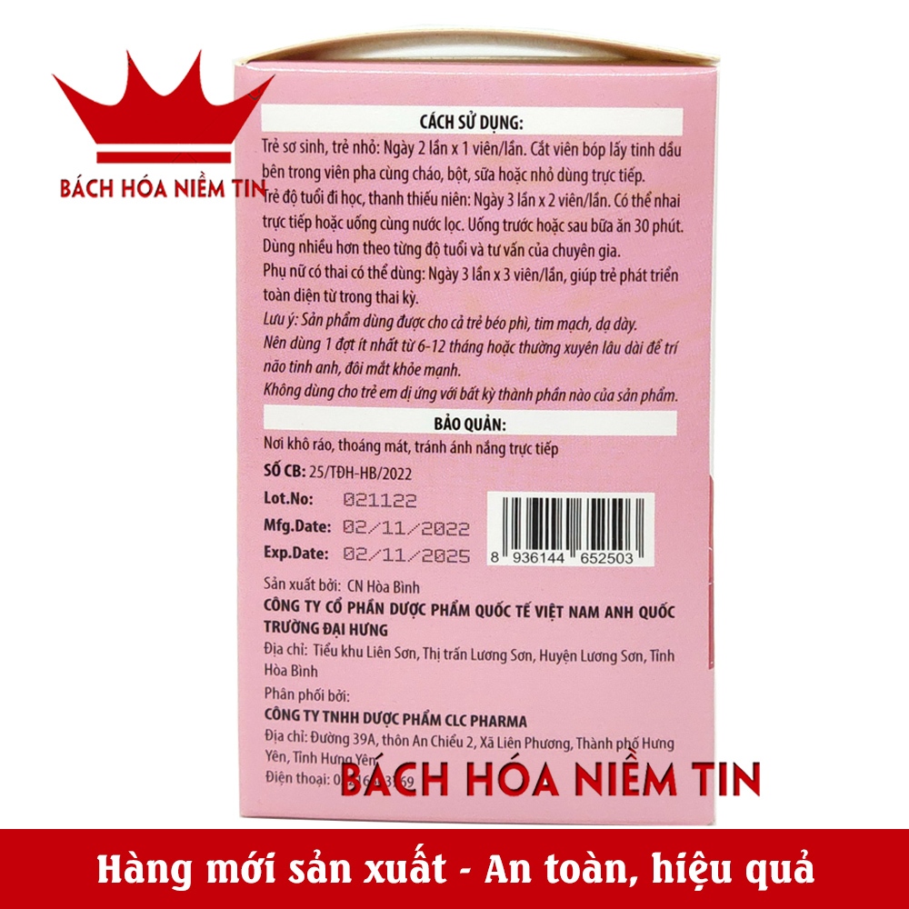 Kẹo viên bổ não, phát triển não bộ, tăng cường trí nhớ, thị lực, OMEGA 3 BRAIN Grow IQ DHA Nobel - Hộp 60 viên
