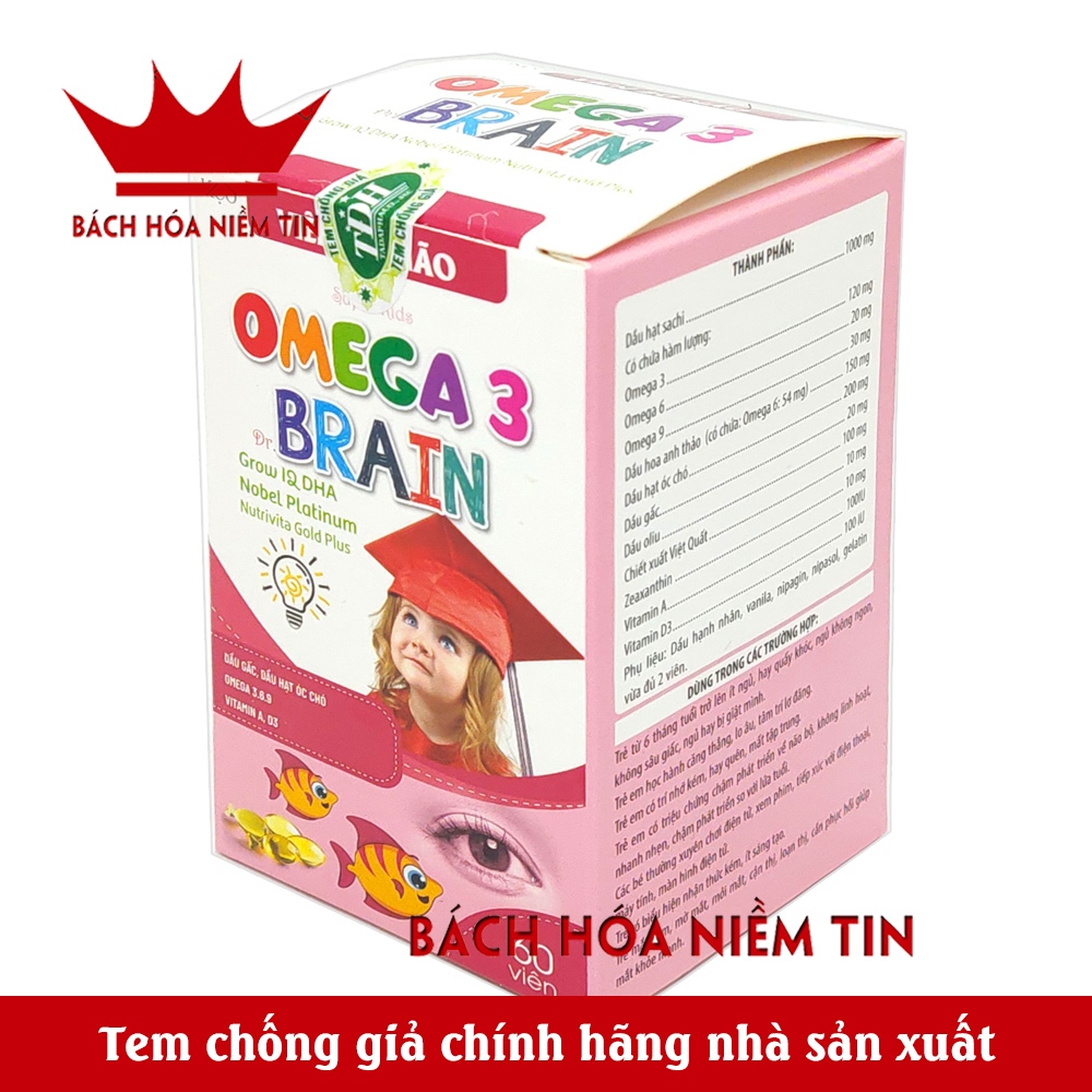 Kẹo viên bổ não, phát triển não bộ, tăng cường trí nhớ, thị lực, OMEGA 3 BRAIN Grow IQ DHA Nobel - Hộp 60 viên