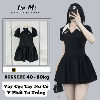 Váy cộc tay nữ cổ V phối tơ trắng thiết kế ôm dáng xoè bồng BigSize NaMi, Đầm thiết kế ôm eo tôn dáng 373