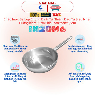 [HỎA TỐC] Chảo Inox đa lớp Sunhouse IN20M6 20cm - Chống dính tự nhiên, Đáy từ - Hàng chính hãng