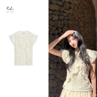 áo Zara cộc tay len lỗ  cổ tròn cánh tiên thiết kế phối ren mềm tiểu thư siêu xinhBTD345