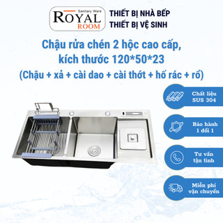 Chậu rửa chén/bát 2 hố hàng cao cấp đúc inox ROYAL ROOM vật liệu cao cấp chống gỉ sét đầy đủ phụ kiện đi kèm