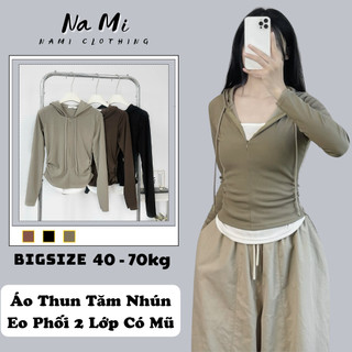  Áo thun tăm dài tay nhún eo phối 2 lớp liền có mũ khoá kéo trước NaMi Áo dài tay mix viền trắng BigSize 363 