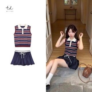  Set đồ nữ sang chảnh mùa hè tiểu thư áo polo nữ sát nách kèm chân váy bí phối cạp buộc nơ dáng ngắn siêu xinh BTD348 