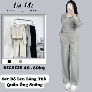  Set bộ chất len lông thỏ nữ có mũ kèm quần ống suông BigSize Sét bộ khoá kéo chất mềm mại NaMi 343 