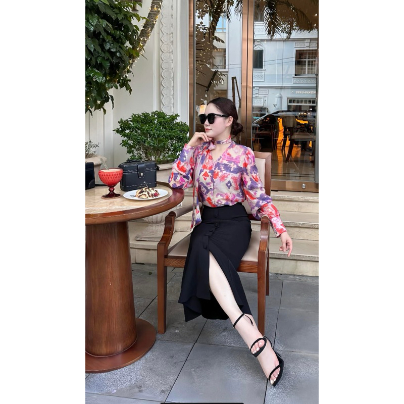 [ MERCIE ] SƠ MI NGUYỆT HOA CHẤT LIỆU VOAN TƠ HOẠ TIẾT LOANG ĐỎ CỔ BUỘC NƠ NỮ TÍNH