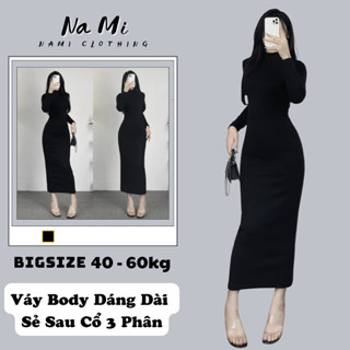 Váy ôm body dáng dài xẻ phía sau cổ 3 phân chất len lông thỏ NaMi, Đầm Maxi ôm body dài tay có khoá sau 360