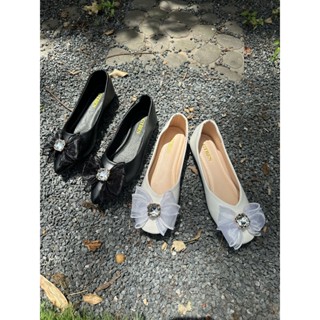 Giày Bệt Nữ Đính Nơ Hoa 3 Màu Trắng Đen Kem Xinh Xắn C3NgocV