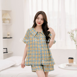 Bộ Đồ Bầu Và Sau Sinh Có Kéo Khóa Ngực Cổ Bèo Mùa Hè 2025 Larosa Mặc Nhà Vải Kẻ Caro Labee - LA018B