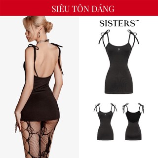  Đầm 2 dây ngắn hở lưng ôm body SISTERS logo inox màu đen chất liệu thun co giãn tôn dáng Joella Mini Dress | SS-D56 