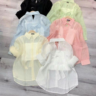 Áo Kiểu Nữ Tay Dài Cổ Sơ Mi Phối Nơ Sau Lưng Chất Voan Tơ Mềm Tặng Kèm Áo Lót Trong