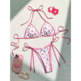   CÓ SẴN  Set Bikini Hai Mảnh Cherry Viền Caro Đỏ Có mút lót 🌸 Áo bơi Áo tắm đi biển 🌞 Freeship🌺  EB21  