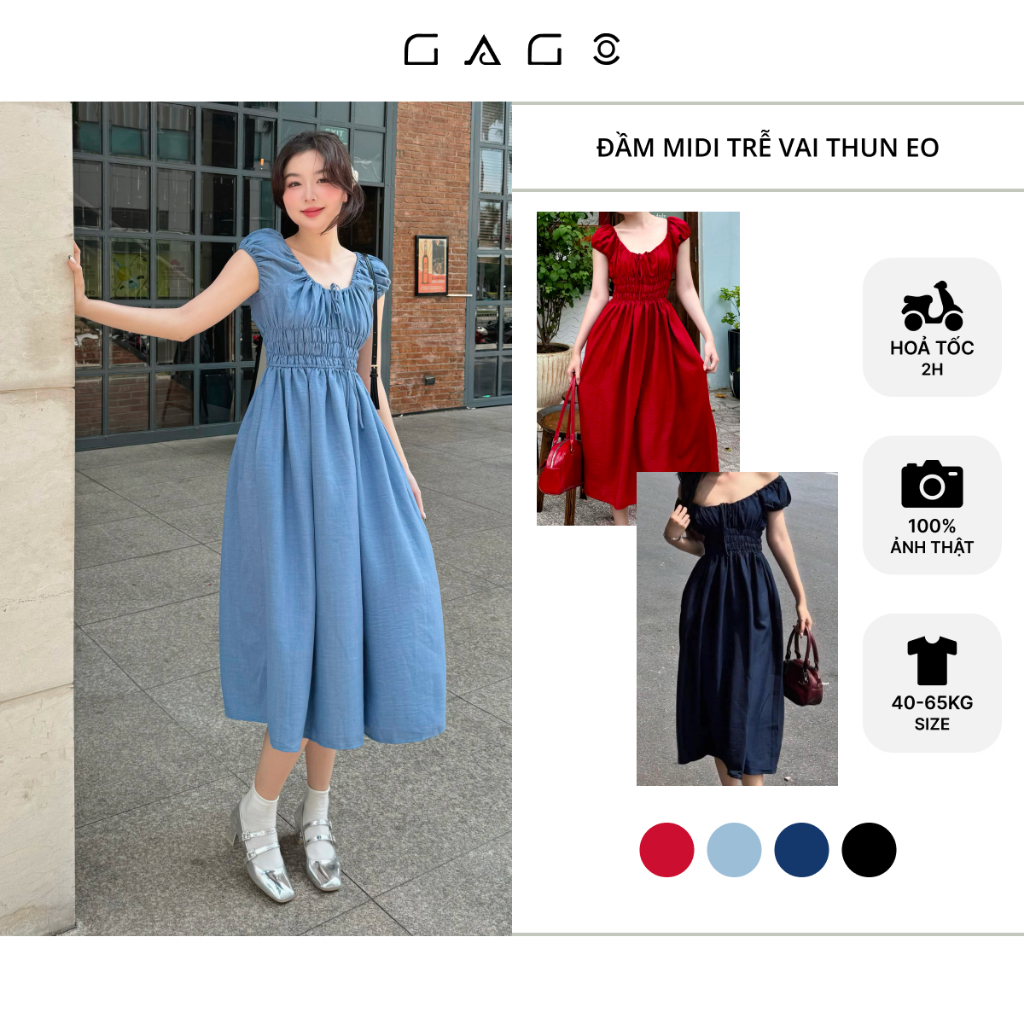 Đầm Midi Dáng Xòe Đi Du Lịch Biển Nhún Eo GAGO BRAND Cổ Vuông Trễ Vai Nữ Tính Đầm Huế