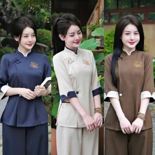   FreeShip  Pháp phục đi chùa THÊU SEN vải đũi thái Pháp phục lễ chùa cổ tàu phối 