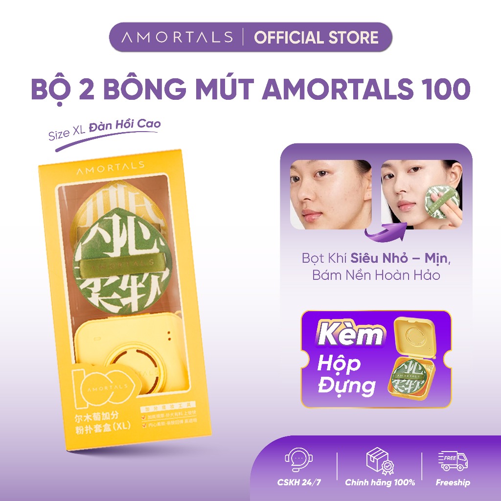 Bông Mút Trang Điểm AMORTALS 100 - Dễ Tán, Mềm Mại Đàn Hồi Cao, Không Hút Nền Tặng Kèm Hộp Đựng