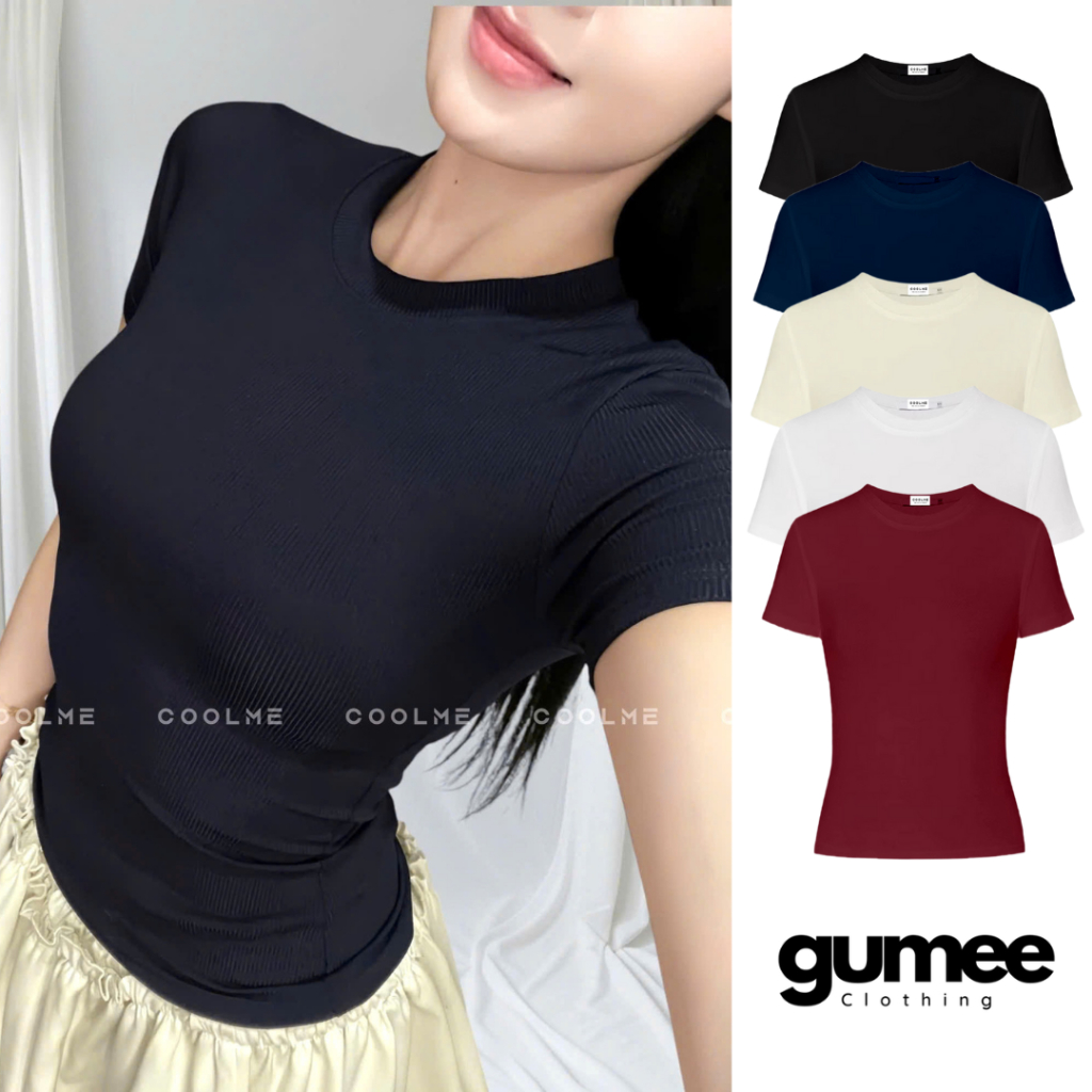 Áo ôm body nữ ngắn tay cổ tròn Gumee, áo thun nữ baby tee thắt eo thun gân lạnh cộc tay co giãn -GTL