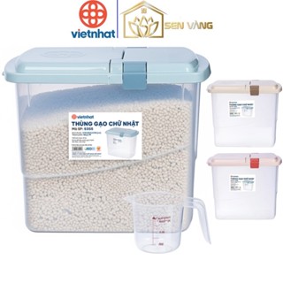 Thùng gạo chữ nhật 15L nhựa VIỆT NHẬT - Trong suốt, kèm ca đong, có vạch chia, nắp có khóa cài 5355