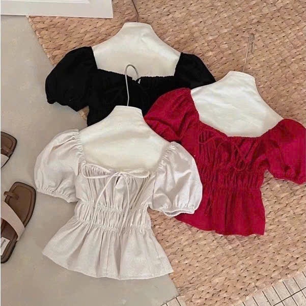 Áo Babydoll Linen Cổ Vuông Tay Bồng Nơ Ngực Xinh Xắn Shees Clothing Sài Gòn M329 | BigBuy360 - bigbuy360.vn