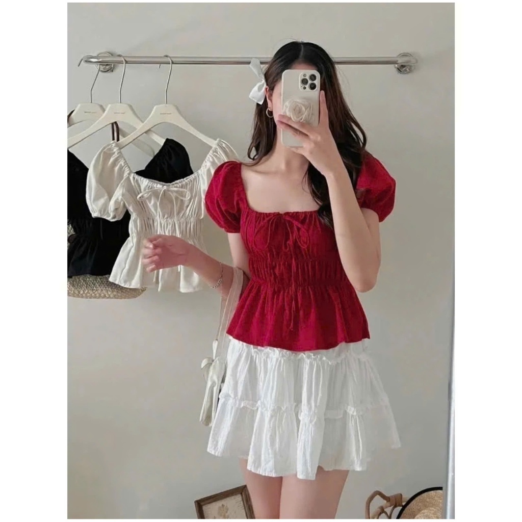 Áo Babydoll Linen Cổ Vuông Tay Bồng Nơ Ngực Xinh Xắn Shees Clothing Sài Gòn M329 | BigBuy360 - bigbuy360.vn