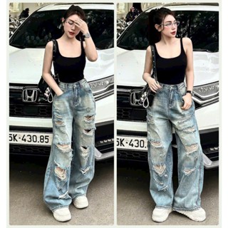   ORTD3759  QUẦN JEAN ỐNG RỘNG NỮ LƯNG CAO RÁCH CÀO TE TUA HAI ĐẦU GỐI MÀU XANH NHẠT TÔN DÁNG PHỦ GÓT 