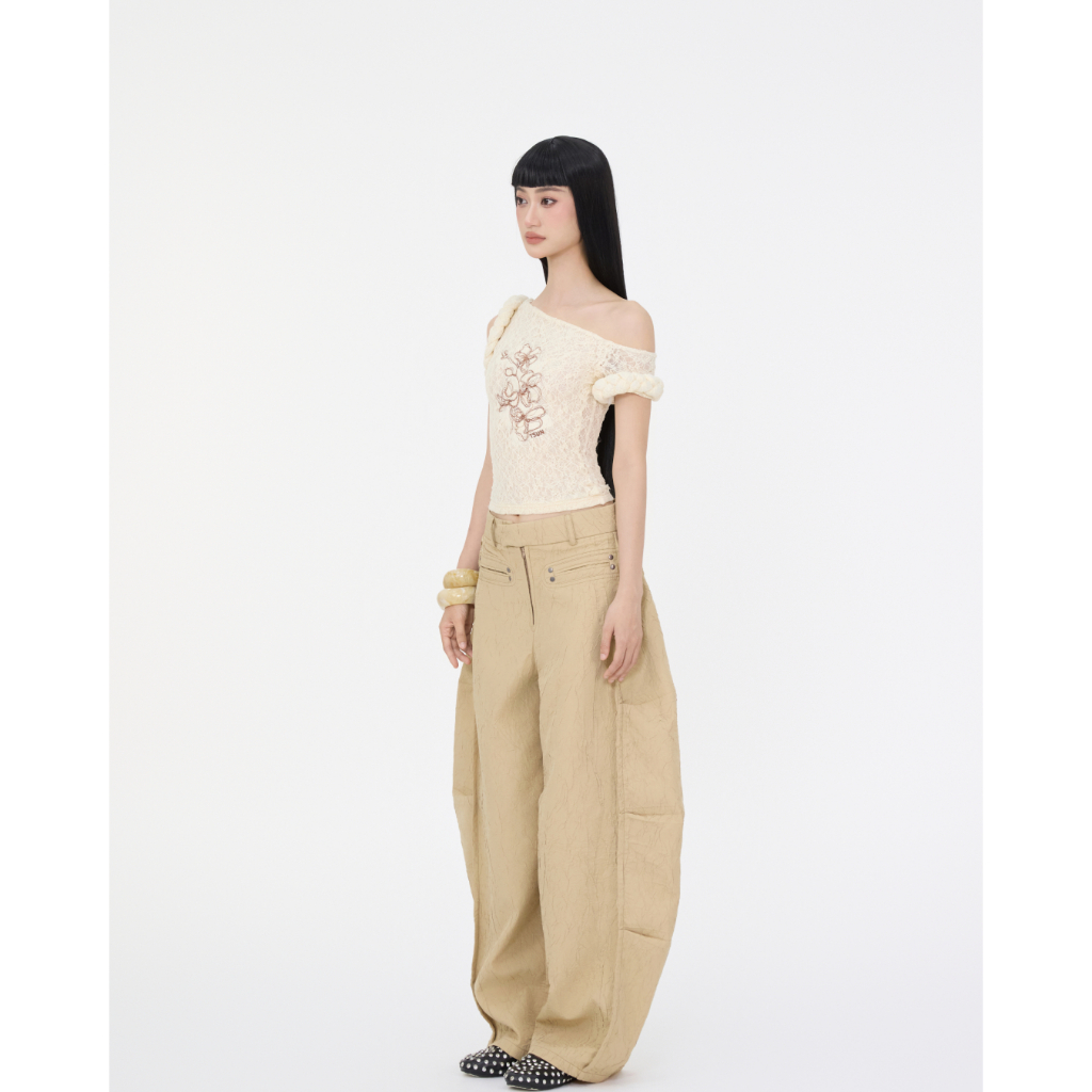 TSUN - Quần Balloon Cạp Cao Dáng Rộng Màu Be, Oversize - Vải Dập Nổi 3D -Túi Sau Nhún Bèo-Streetwear | BigBuy360 - bigbuy360.vn