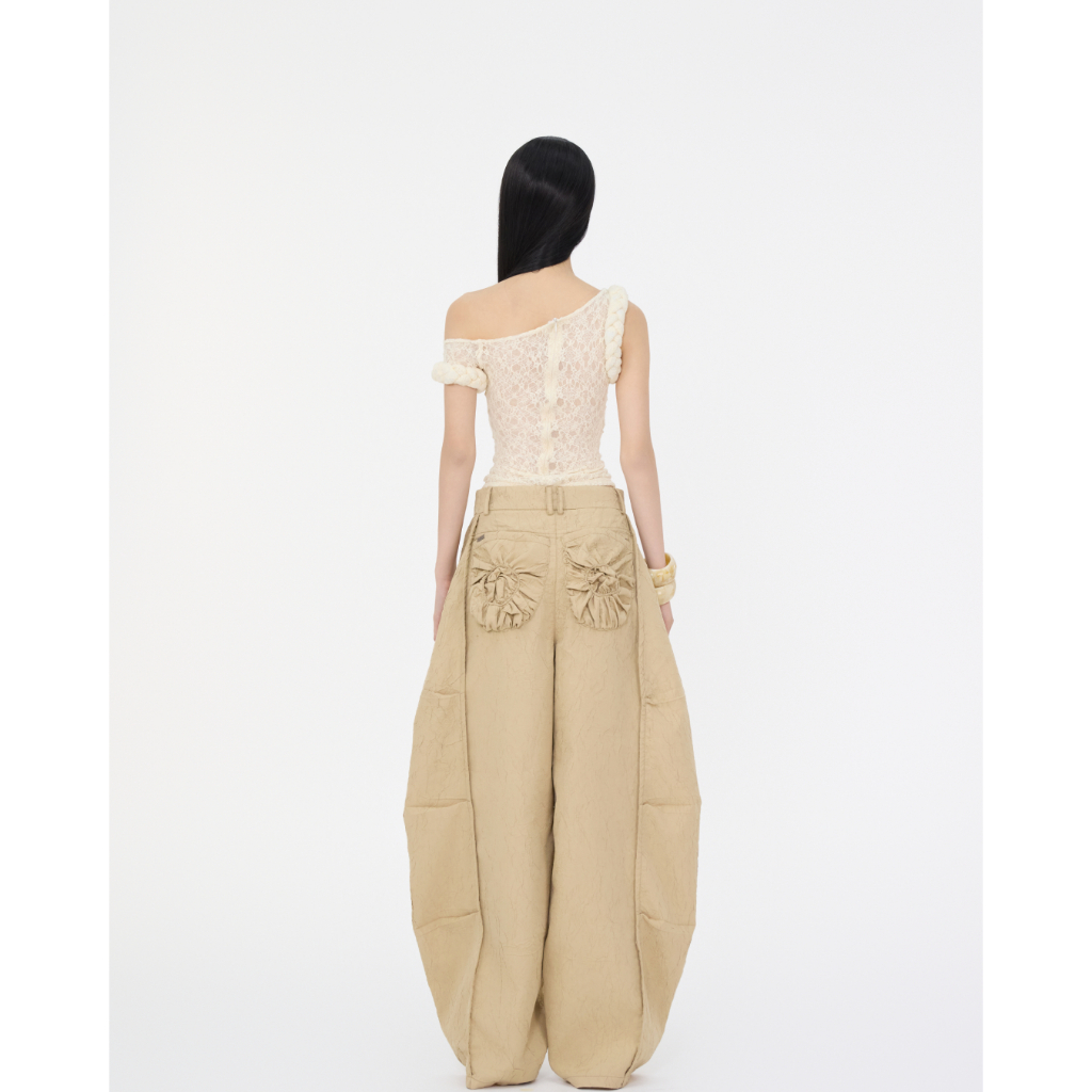 TSUN - Quần Balloon Cạp Cao Dáng Rộng Màu Be, Oversize - Vải Dập Nổi 3D -Túi Sau Nhún Bèo-Streetwear | BigBuy360 - bigbuy360.vn