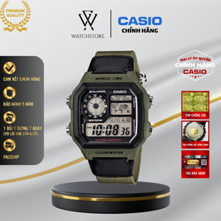 Đồng Hồ Điện Tử Nam Casio AE-1200WHB-3BVDF Màu Xanh Lá Bộ Đội Mặt Kính Nhựa 42.1mm Chống Nước Dây Vải Chính Hãng