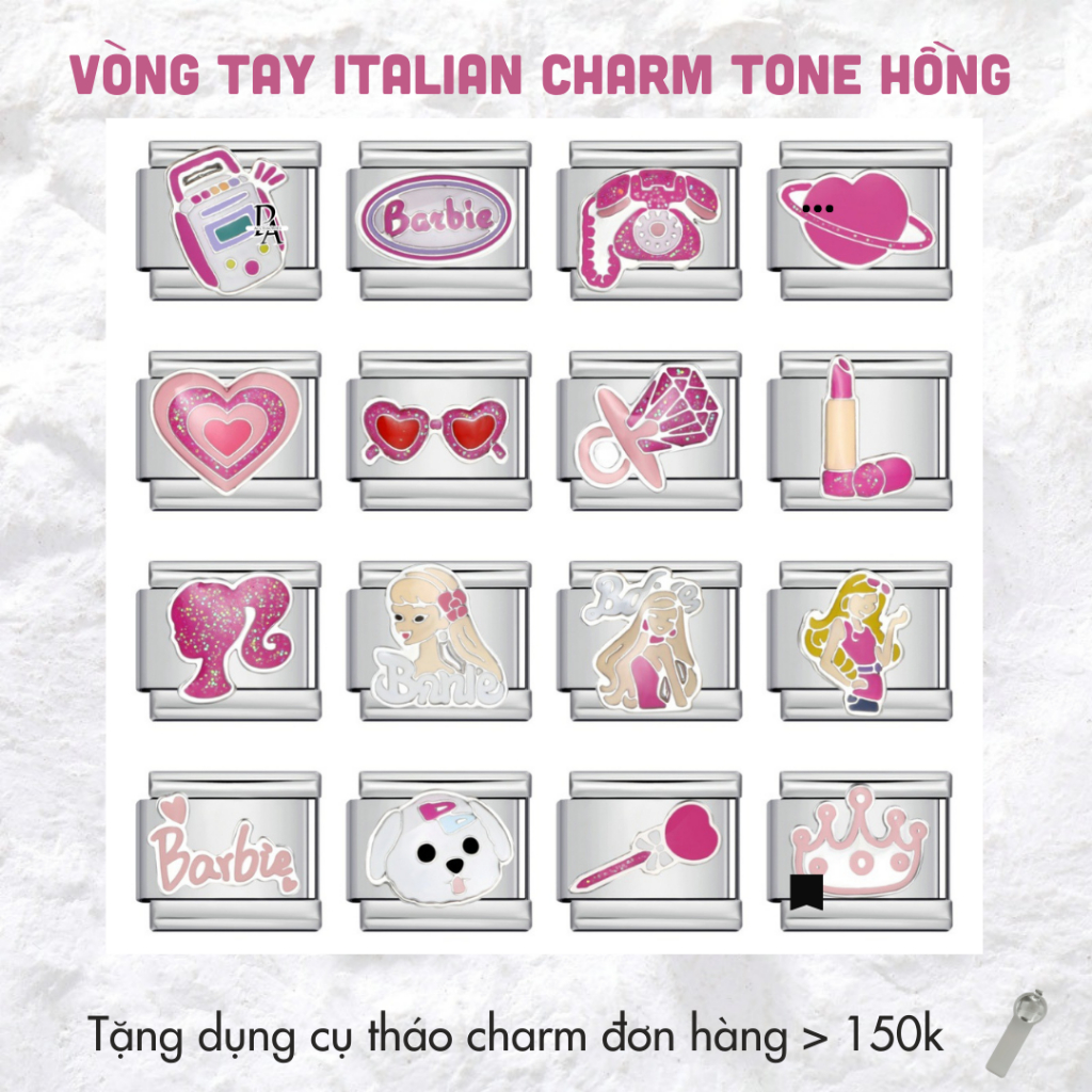 Charm italian bracelet tone hồng baby siêu cute, charm italian đeo tay thép không gỉ dành cho nam nữ