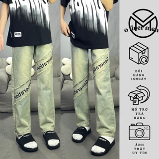 Quần Jean Nam Thêu Chữ Chéo BANGOULUO Ống Đứng, Quần Jean Baggy Nam Boy Phố Màu Rêu 002