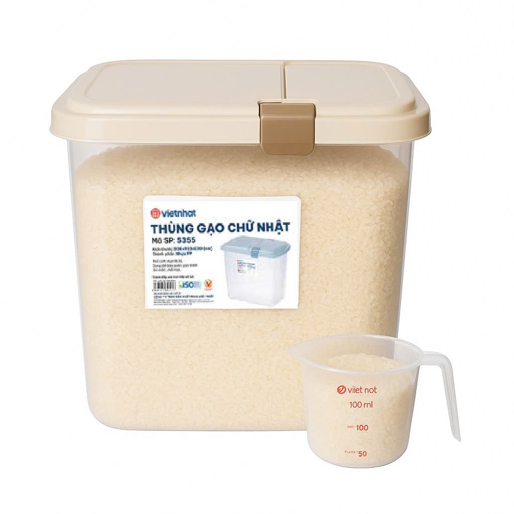 Thùng đựng gạo thông minh 10kg nắp lật Việt Nhật 5355 - thùng nhựa đựng gạo 10kg + tặng kèm cốc đong gạo