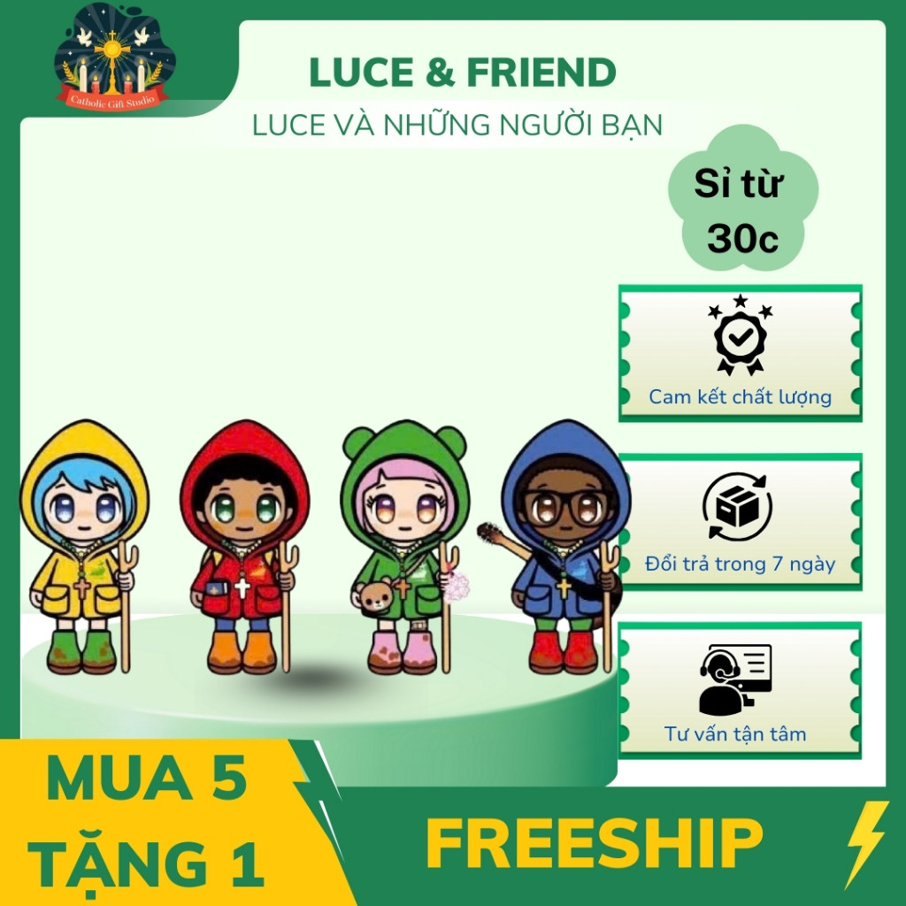 Combo 4 Chiếc Móc Khoá Vatican Luce Và 3 Người Bạn Fe, Xin, Sky 2D Annime Nhựa Mice Ép Cứng Catholic