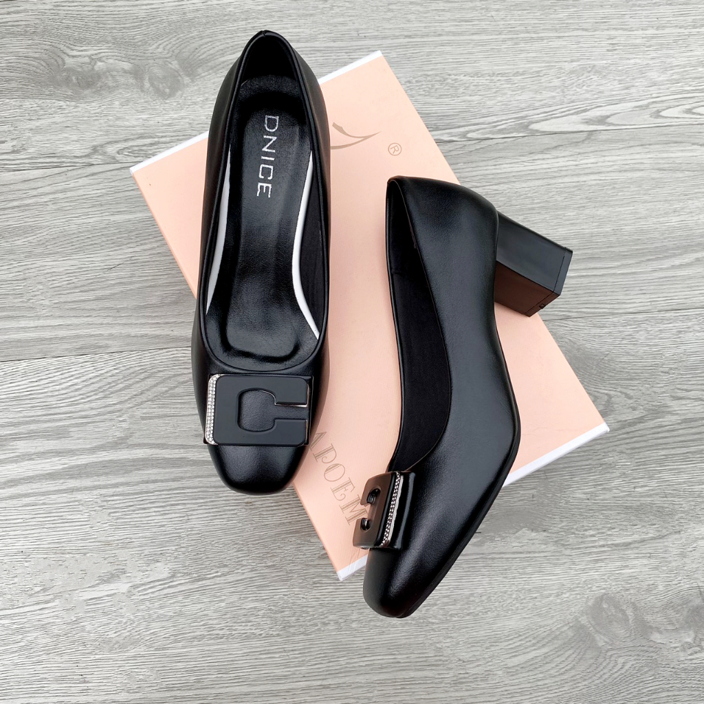 (Form 1.5 chân mỏng nhỏ lùi size) Giày cao gót da mềm mũi vuông đính mác gót vuông cao 3cm, 5cm, 7cm