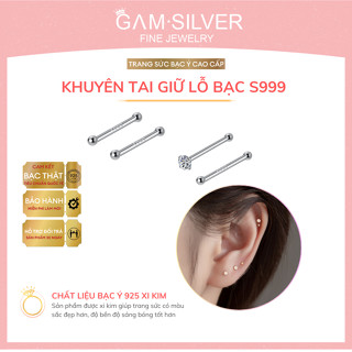 Bông tai bạc giữ lỗ GAM SILVER, Bông tai bạc nguyên chất S999 hai đầu bi trơn, khuyên đeo mũi cho cả nam nữ GB55