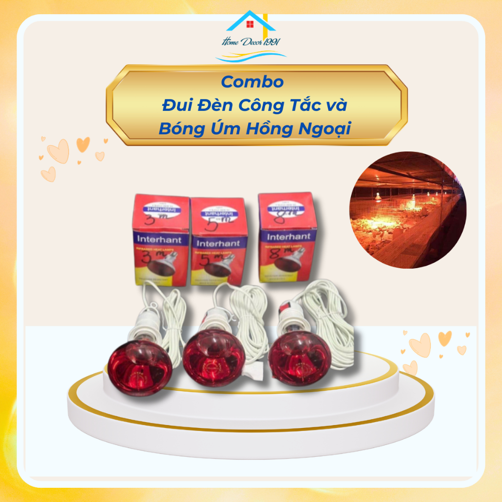Combo Đui Đèn Dây 5m Công Tắc + Bóng Úm Hồng Ngoại 45W/75W - Sưởi Ấm Chó Mèo, Gà Con, Heo Con