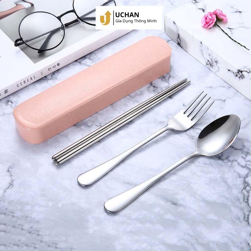 Bộ muỗng đũa cá nhân Hộp đựng đũa thìa Uchan Bộ thìa,đũa muỗng Nĩa inox 304