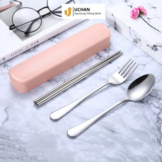 Bộ muỗng đũa cá nhân Hộp đựng đũa thìa Uchan Bộ thìa,đũa muỗng Nĩa inox 304