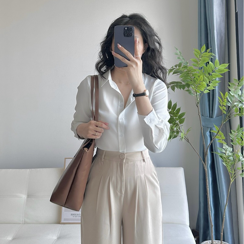 Áo sơ mi nữ màu trắng dài tay form rộng công sở kiểu Hàn Quốc chất mịn AAS441 | BigBuy360 - bigbuy360.vn