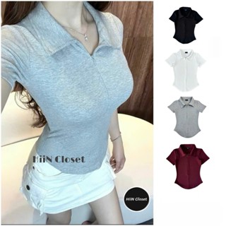 Áo thun nữ cổ bẻ phối khoá giọt lệ ôm body / Áo thun vạt bầu chất zip co giãn HiiNCloset - 127