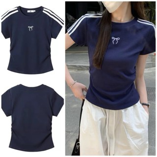 Áo Thun Tay Ngắn Nữ ,Áo Kiểu Babytee Croptop Sọc Tay In Nơ Màu Xanh Chất Cotton Thoáng Mát Form Fit Dễ Mặc