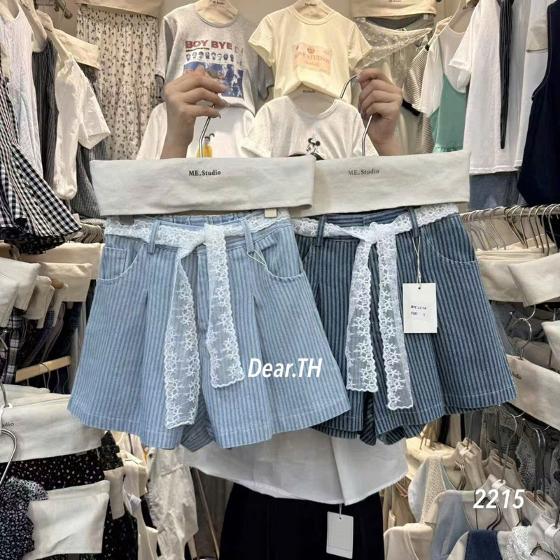 Quần Đùi Bò Giấy Đai Ren Cách Điệu,Quần Shorts Kẻ Sọc Bò Jean Cạp Cao JUDIE.Closet